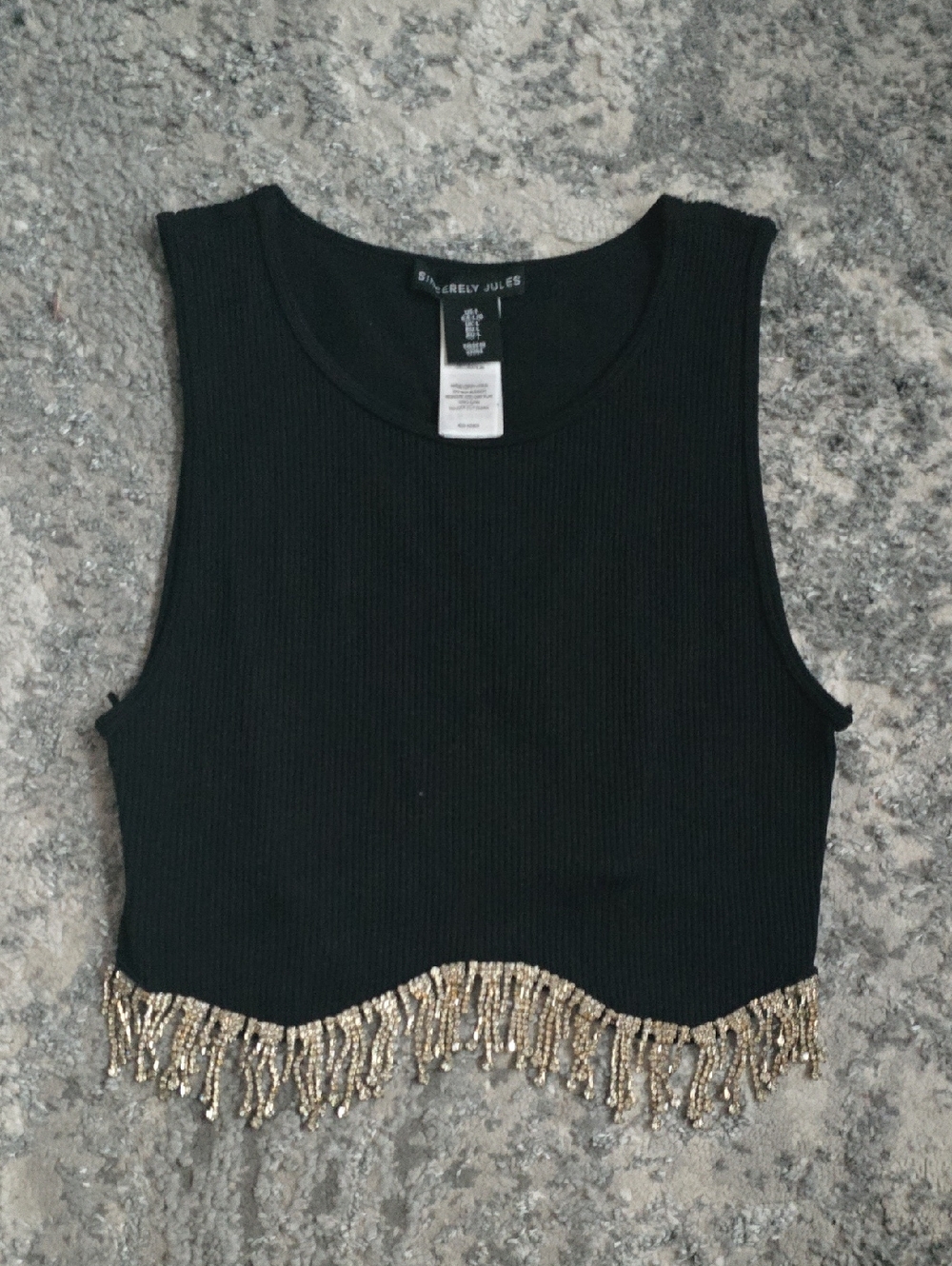 Sincerly Jules Black Ribbed Crop Tank with Silver Beaded Fringe